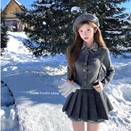 FA49585# 秋冬新款mar格纹翻领针织开衫百搭上衣拼接格纹百褶裙短裙女冬