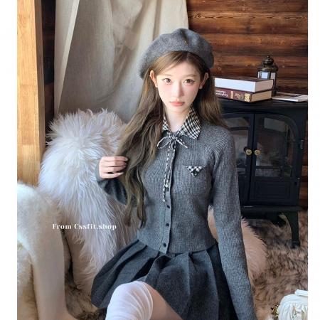 FA49585# 秋冬新款mar格纹翻领针织开衫百搭上衣拼接格纹百褶裙短裙女冬