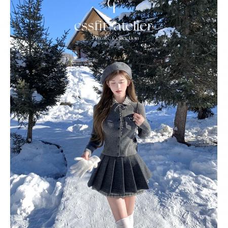 FA49585# 秋冬新款mar格纹翻领针织开衫百搭上衣拼接格纹百褶裙短裙女冬