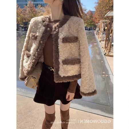 FA49586# 特价原版布料小香风复古减龄百搭显瘦毛茸茸羊羔毛外套女