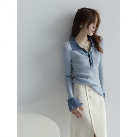 FA49590# 包芯纱设计感小众Polo领撞色打底针织衫毛衣女