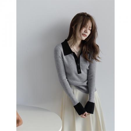 FA49590# 包芯纱设计感小众Polo领撞色打底针织衫毛衣女