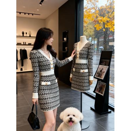 FA49594# 韩国小香风V领针织毛衣连衣裙女秋冬高级感气质法式千鸟格打底裙