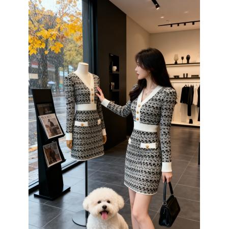 FA49594# 韩国小香风V领针织毛衣连衣裙女秋冬高级感气质法式千鸟格打底裙