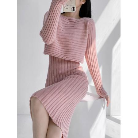 FA49595# 韩系吊带针织连衣裙女秋冬轻奢高级感长袖温柔气质名媛两件套装