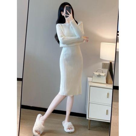 FA49595# 韩系吊带针织连衣裙女秋冬轻奢高级感长袖温柔气质名媛两件套装