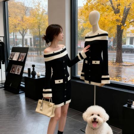 FA49596# 韩国撞色针织毛衣连衣裙女秋冬设计感收腰显瘦一字领纯欲风小黑裙