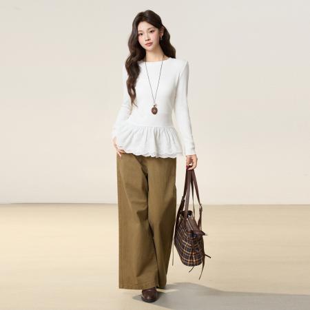 FA49597# 圆领蕾丝花边拼接长袖t恤女秋冬季新款修身显瘦打底上衣