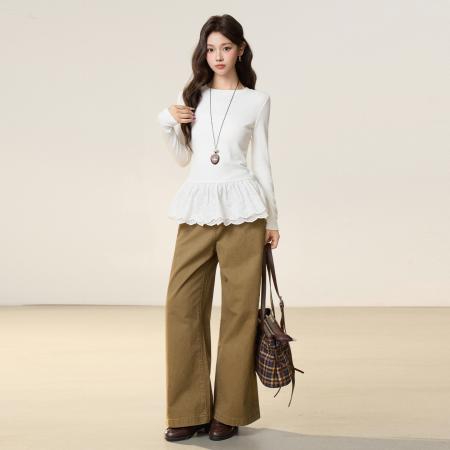 FA49597# 圆领蕾丝花边拼接长袖t恤女秋冬季新款修身显瘦打底上衣