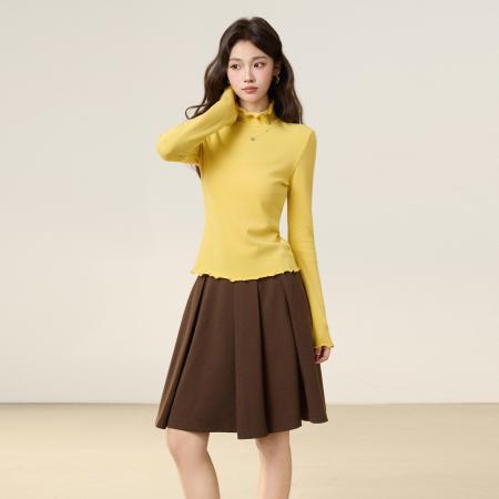 FA49600# 韩系木耳边半高领长袖针织衫女秋修身内搭打底衫显瘦上衣