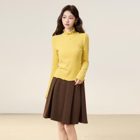 FA49600# 韩系木耳边半高领长袖针织衫女秋修身内搭打底衫显瘦上衣