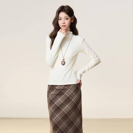 FA49600# 韩系木耳边半高领长袖针织衫女秋修身内搭打底衫显瘦上衣