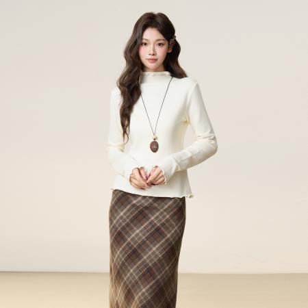 FA49600# 韩系木耳边半高领长袖针织衫女秋修身内搭打底衫显瘦上衣