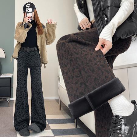 FA49601# 加绒加厚豹纹喇叭裤女冬季高腰中古百搭修身显瘦微喇裤送腰带