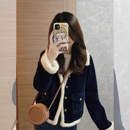 FA49602# 新款爆款巨好看的初冬藏蓝色小香风加绒加厚羊羔绒外套女冬季