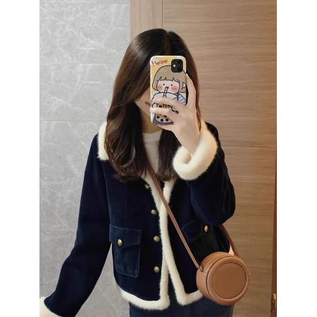 FA49602# 新款爆款巨好看的初冬藏蓝色小香风加绒加厚羊羔绒外套女冬季