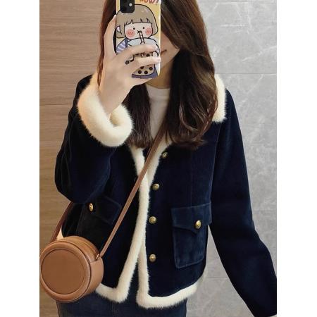 FA49602# 新款爆款巨好看的初冬藏蓝色小香风加绒加厚羊羔绒外套女冬季