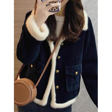 FA49602# 新款爆款巨好看的初冬藏蓝色小香风加绒加厚羊羔绒外套女冬季