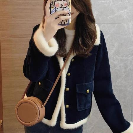 FA49602# 新款爆款巨好看的初冬藏蓝色小香风加绒加厚羊羔绒外套女冬季