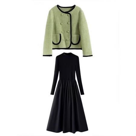 FA49604# 秋季新款女装套装韩剧小香风外套茶系连衣裙穿搭早秋装搭配一整套