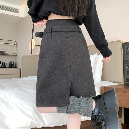 FA49605# 秋冬新款时尚百搭高腰后开叉毛呢裙