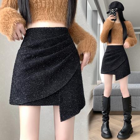 FA49607# 秋冬新款时尚百搭高腰A字不规则半身裙修身显瘦