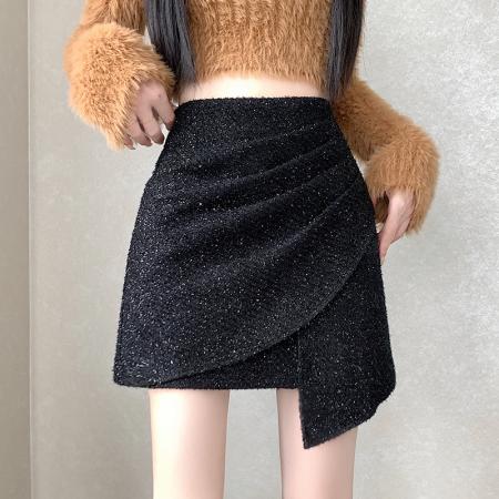 FA49607# 秋冬新款时尚百搭高腰A字不规则半身裙修身显瘦