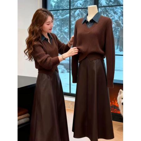 FA49609# 秋季气质一整套穿搭欧货复古牛仔领拼接假两件毛衣高腰半身裙套装