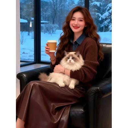 FA49609# 秋季气质一整套穿搭欧货复古牛仔领拼接假两件毛衣高腰半身裙套装