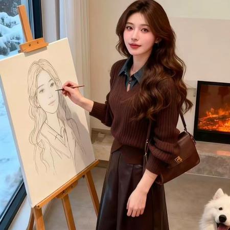 FA49609# 秋季气质一整套穿搭欧货复古牛仔领拼接假两件毛衣高腰半身裙套装