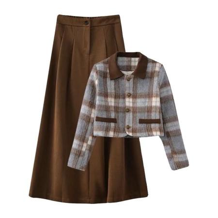 FA49610# 网红两件套毛呢外套女装秋冬新款百褶半身裙小香风套装裙子女