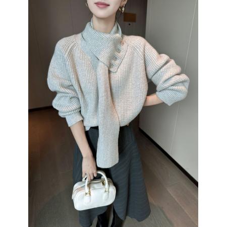 FA49611# 米色围巾长袖针织衫女秋季新款宽松软糯加厚百搭毛衣