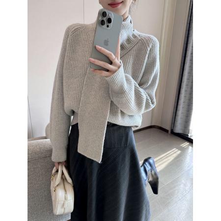 FA49611# 米色围巾长袖针织衫女秋季新款宽松软糯加厚百搭毛衣