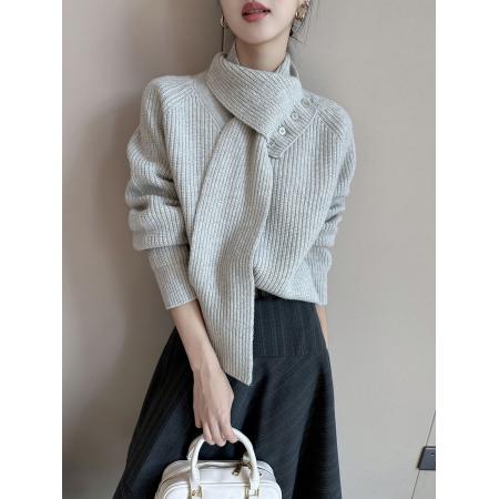 FA49611# 米色围巾长袖针织衫女秋季新款宽松软糯加厚百搭毛衣