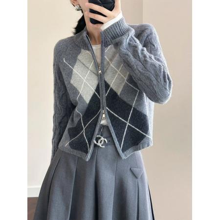 FA49612# 高级感针织开衫女冬新款提花菱格加厚拉链毛衣小外套上衣