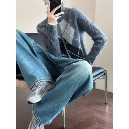 FA49612# 高级感针织开衫女冬新款提花菱格加厚拉链毛衣小外套上衣