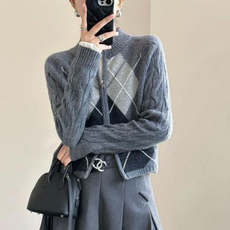 FA49612# 高级感针织开衫女冬新款提花菱格加厚拉链毛衣小外套上衣