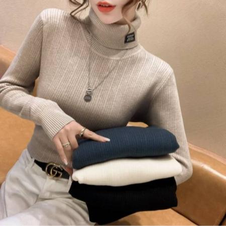 FA49614# 洋气一体绒女装新款毛衣百搭内搭加绒加厚高领针织衫