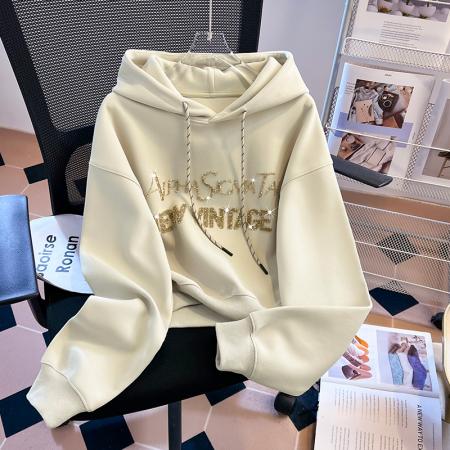 FA49615# 早春新款欧货重工宽松字母长袖套头连帽小个子短款卫衣女