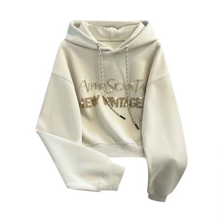 FA49615# 早春新款欧货重工宽松字母长袖套头连帽小个子短款卫衣女