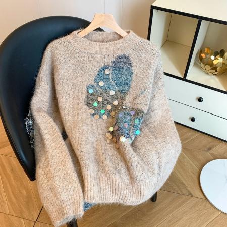 FA49617# 秋冬新款欧货蝴蝶亮片针织毛衣女慵懒风宽松显瘦洋气减龄女装