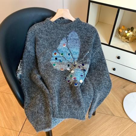 FA49617# 秋冬新款欧货蝴蝶亮片针织毛衣女慵懒风宽松显瘦洋气减龄女装