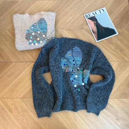 FA49617# 秋冬新款欧货蝴蝶亮片针织毛衣女慵懒风宽松显瘦洋气减龄女装