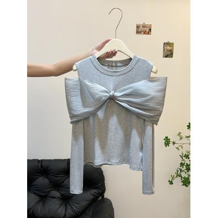 FA49619# 灰色蝴蝶结露肩T恤女秋轻奢高端小众设计轻熟巨好看气质掐腰上衣