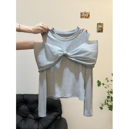 FA49619# 灰色蝴蝶结露肩T恤女秋轻奢高端小众设计轻熟巨好看气质掐腰上衣