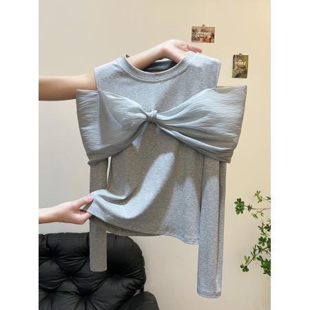 FA49619# 灰色蝴蝶结露肩T恤女秋轻奢高端小众设计轻熟巨好看气质掐腰上衣