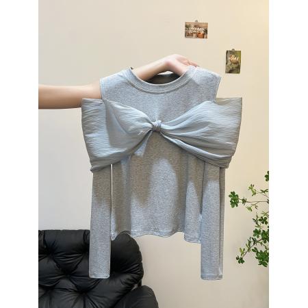 FA49619# 灰色蝴蝶结露肩T恤女秋轻奢高端小众设计轻熟巨好看气质掐腰上衣