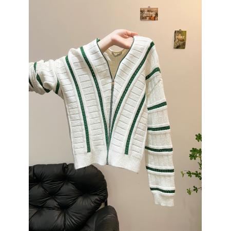 FA49621# 秋季小众不撞款高级感超好看慵懒风韩系松弛感绿色条纹针织开衫女