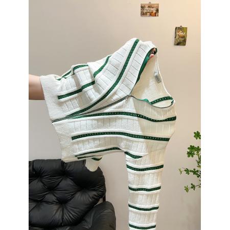 FA49621# 秋季小众不撞款高级感超好看慵懒风韩系松弛感绿色条纹针织开衫女