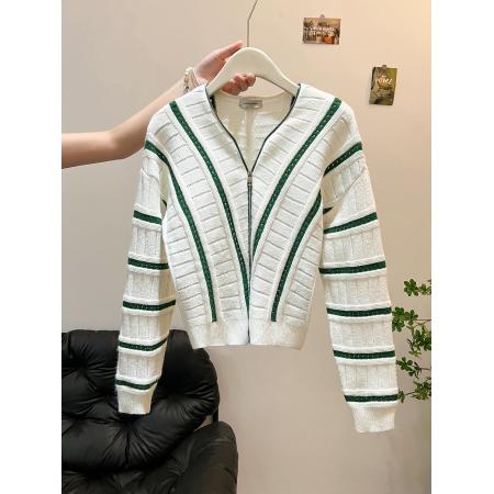 FA49621# 秋季小众不撞款高级感超好看慵懒风韩系松弛感绿色条纹针织开衫女